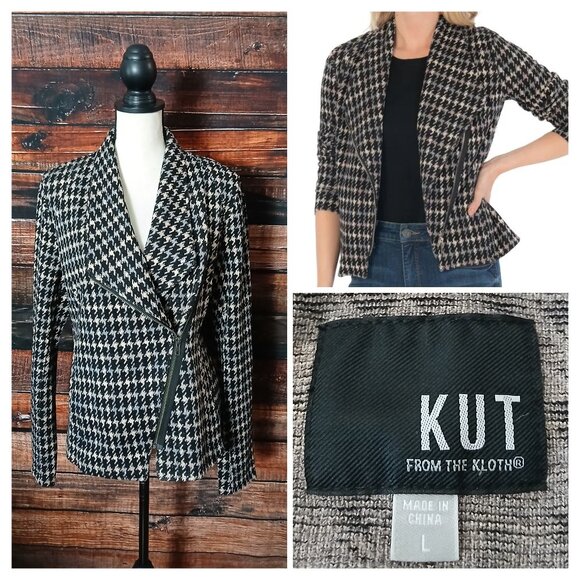 Kut From The Kloth Carina Jacket Size Large Moto Style Houndstooth Knit Zip - Picture 1 of 13